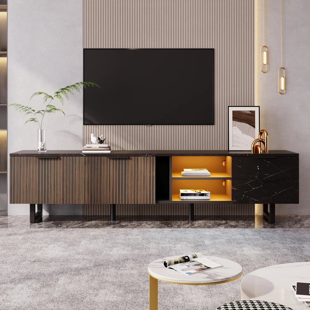 200 cm TV-Schrank mit schwarzen Marmoroptik, dunklen Holztüren, verstellbarer LED-Beleuchtung, zwei Türen und zwei Schubladen