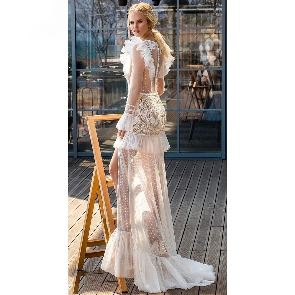 Customized Unique Elegant  Lace Polka Dot Tulle Wedding Dresses Ruffled Flutter Sleeves Bridal Gown