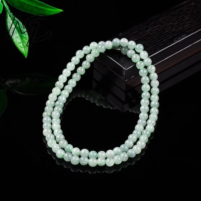 Real Natural Ice Seed Jade 5mm Bead Three Circles Bracelet Carved Charm Jadeite Jewelry Fashion Amulet Gifts Women Sweater Chain view 3