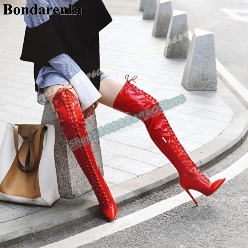 

Over The Knee Pointy Red Patent Leather Cross Tied Boots Thin High Heel Women Shoes Side Zipper Pointed Toe Sexy Casual Boots
