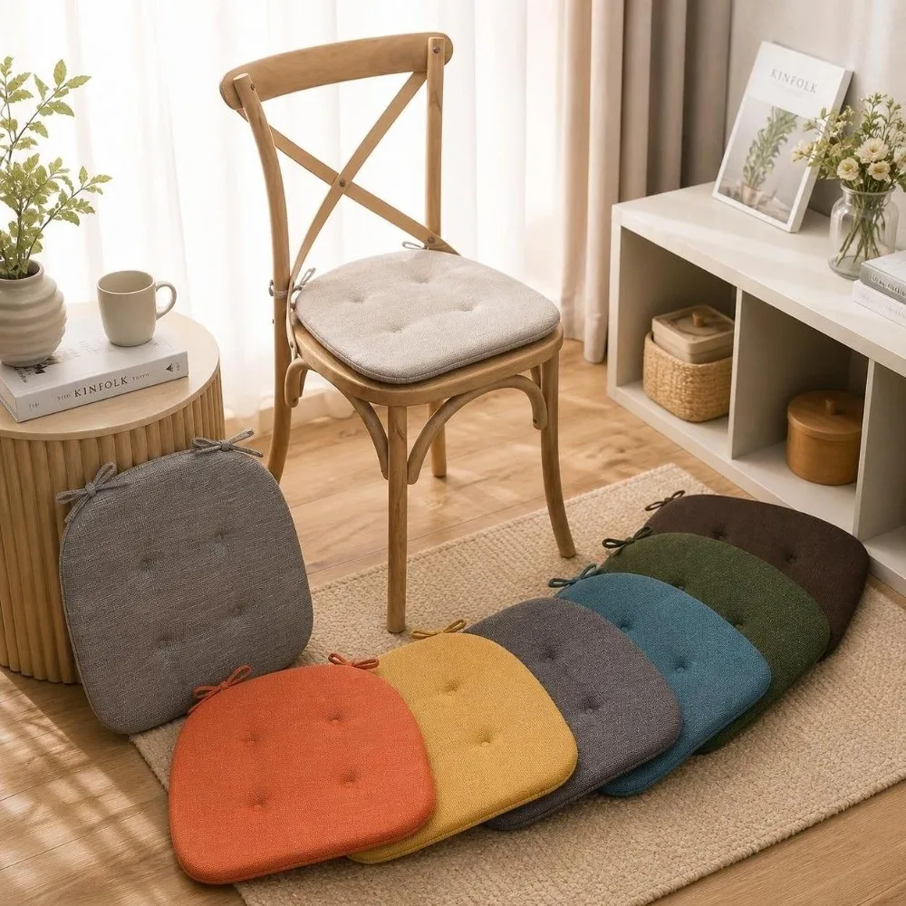 New Non-Slip Chair Cushion Cotton Linen Breathable Chair Pad Thick Sponge Filled With Straps Seat Pad Dining Room