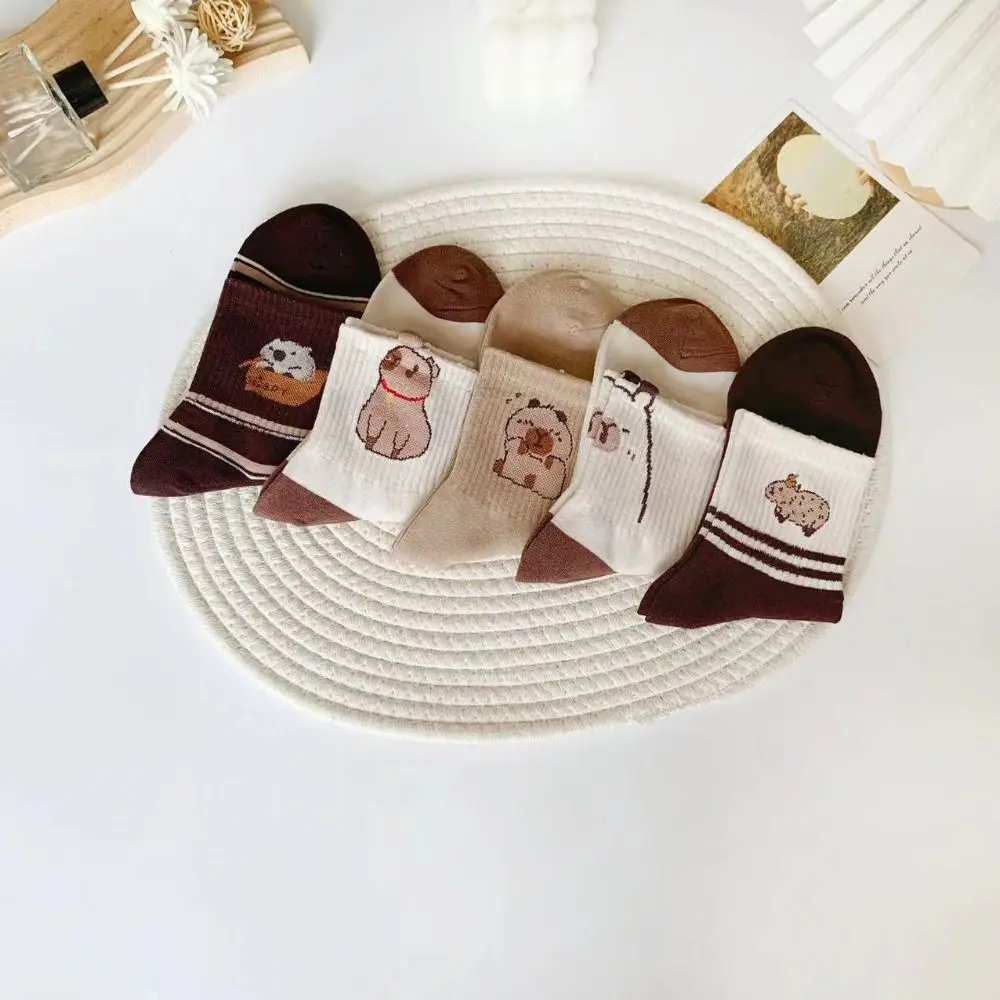 5Pairs Sweet Mid-calf Capybara Socks Patchwork Stripe Cartoon Socks Hosiery Cotton Tube Socks Women Spring