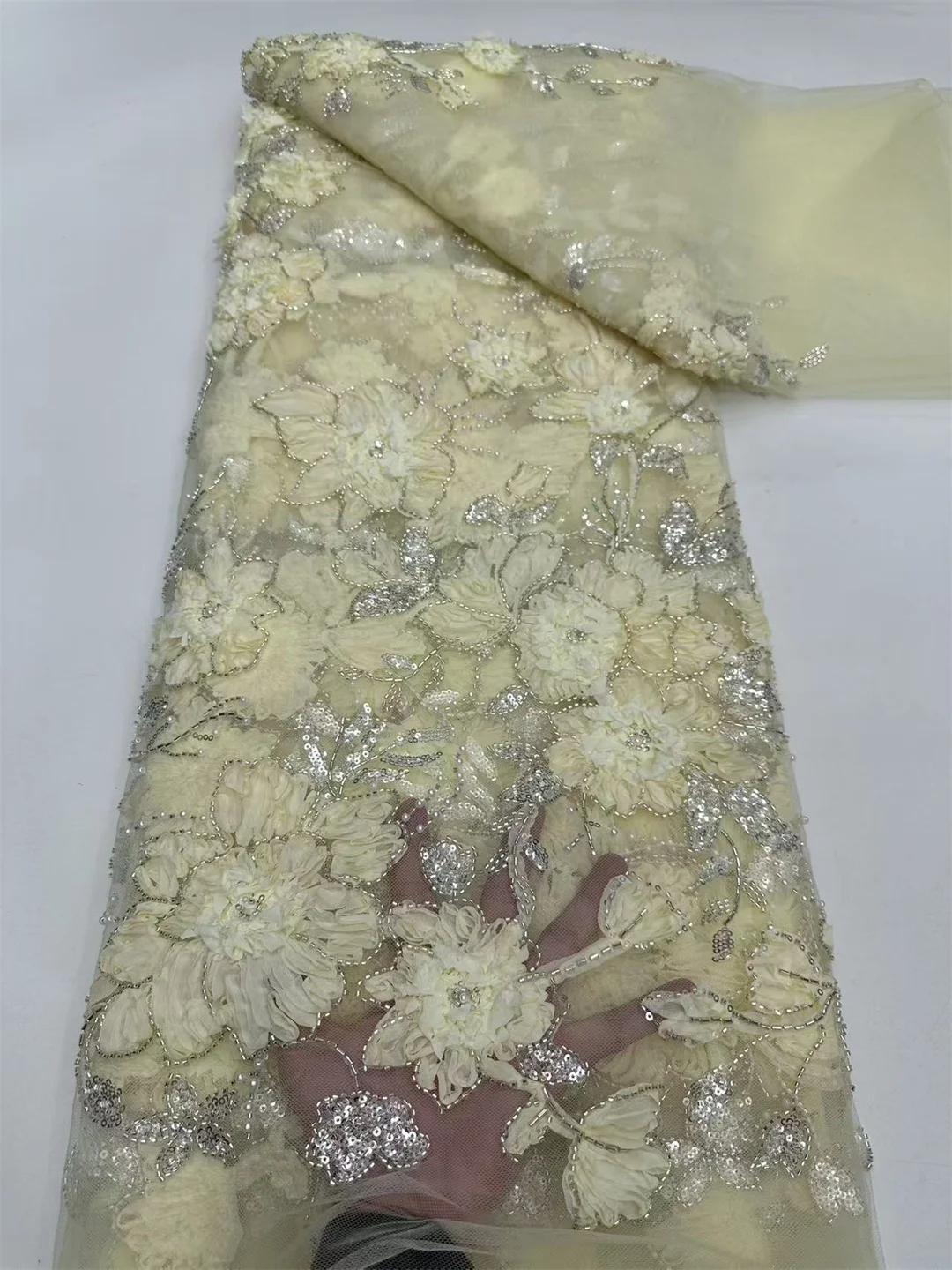 Renda Payet Manik-Manik Buatan Tangan Afrika 2025 Mode Mewah Bunga 3D Renda Jala Prancis Nigeria untuk Gaun Pengantin Wanita