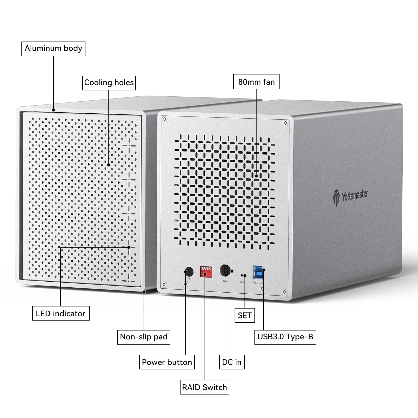 Imagem -03 - Yottamaster-gabinete de Disco Rígido Externo Sata Hdd Ssd Armazenamento Anexado Direto para Backup de Dados Bay Raid 5x10tb 2.5 in 3.5 in