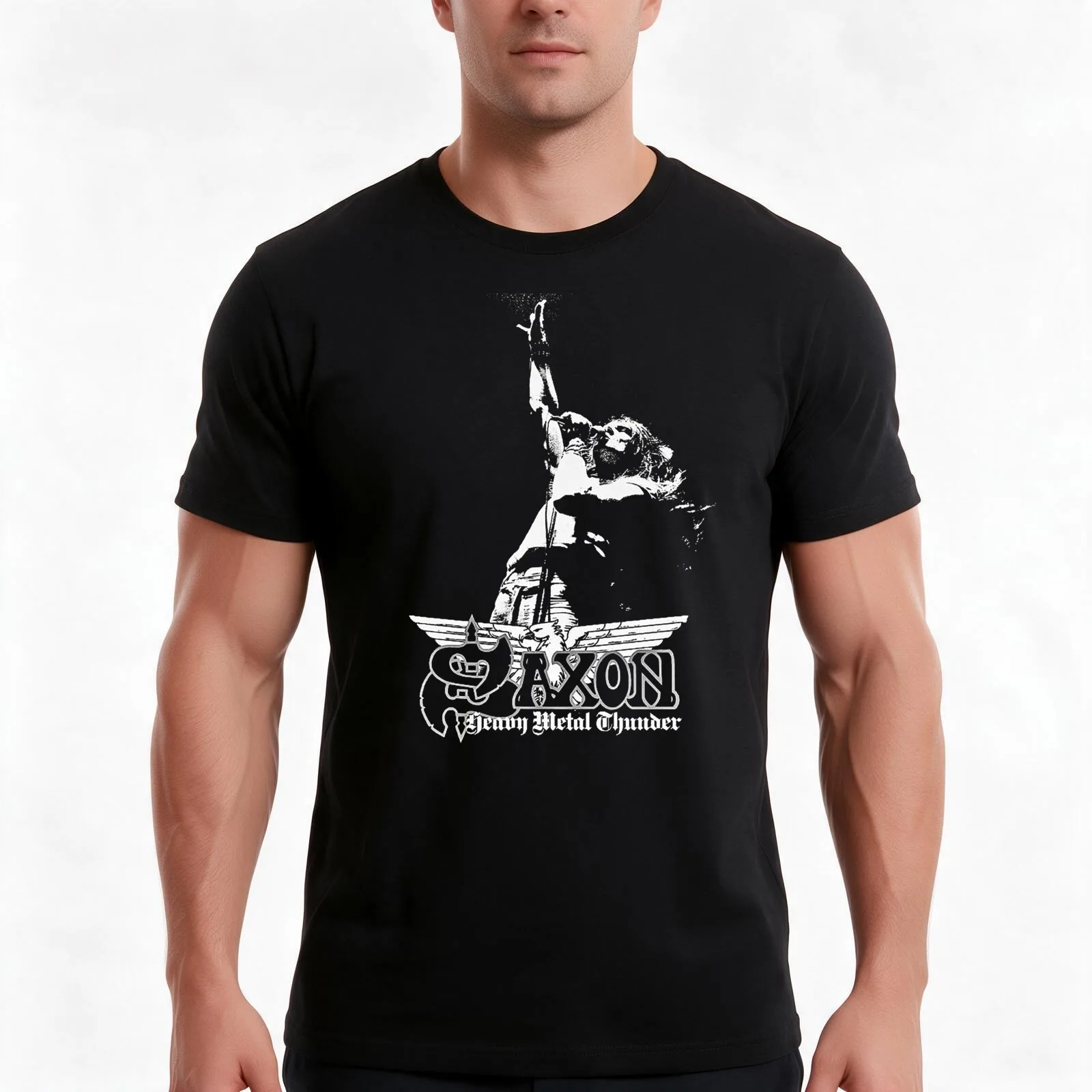 saxon band T-Shirt, Summer Casual Cotton Tee, Oversized Streetwear Tops, Vintage Graphic Print, Loose Fit Short Sleeve