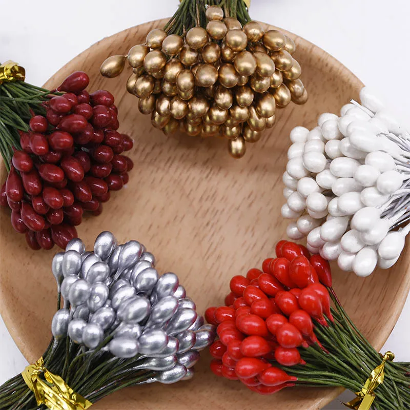 50/100pcs Artificial Flower Stamen Berries Bundle Gold Silver Double Heads Cherry Stamen DIY Christmas Wedding Wreath Decoration