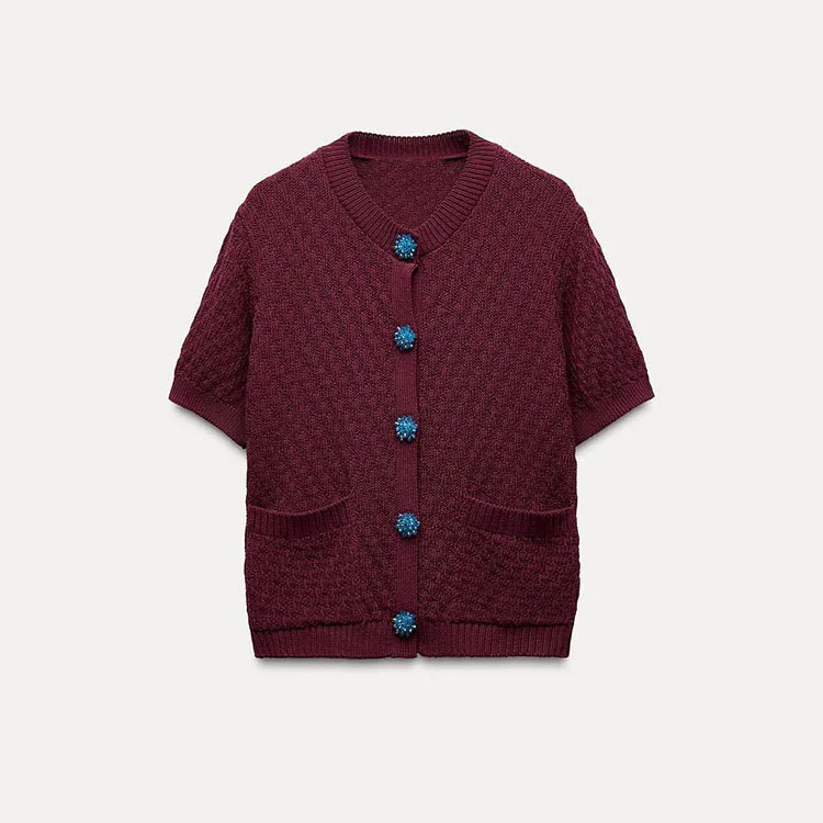 Summer New Arrival Women's Knitted Jaet ort Sve round Ne Jewelry Button Decor Street Sle Regular Length Pure Color