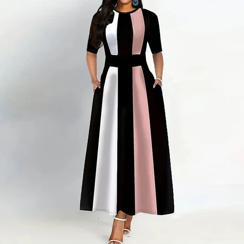 Vestido de cuello redondo con bloques de color, vestido vintage de manga corta para primavera y verano, ropa de mujer