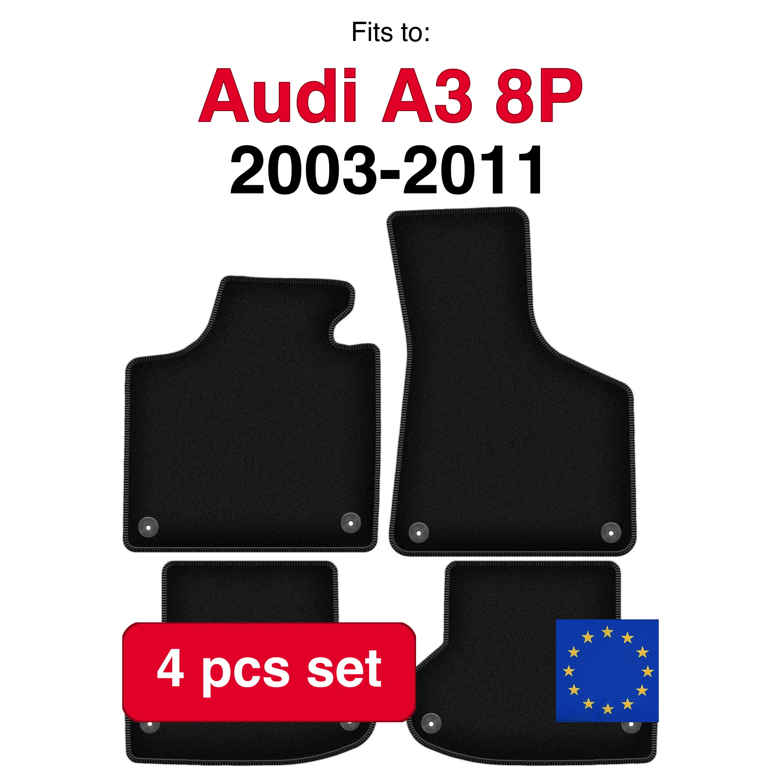 Jeu de tapis en velours pour Audi A3 8P hayon Sportback convertible (2003-2011) -Noir (4 pièces)