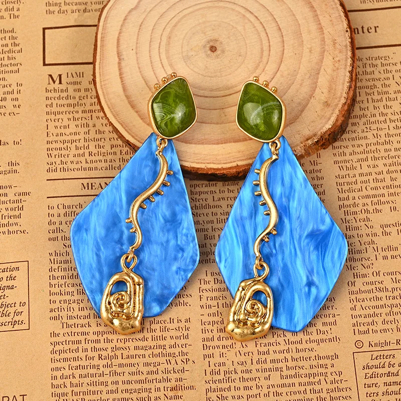 

New Autumn Medieval Ear Clip Light Luxury Retro Blue Quadrilateral Fashion Statement Exaggerated Long Dangle Earrings Decoration