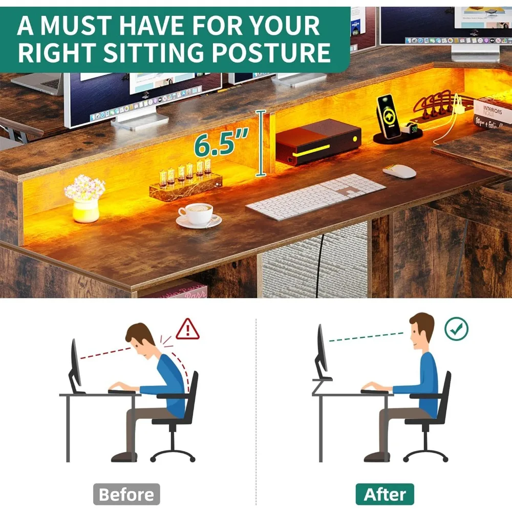 L Shaped Computer Desk com Tomadas de Energia e Luzes LED, Gavetas, Lift Top, Home Office Desk, Monitor Stand, 60 pol