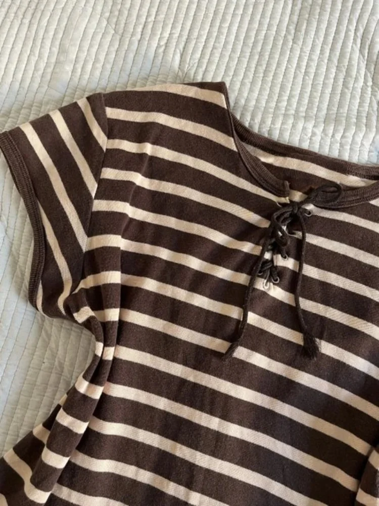 

Japanese Y2K subculture Harajuku style tie striped women's short sleeved T-shirt trendy street style casual women's top