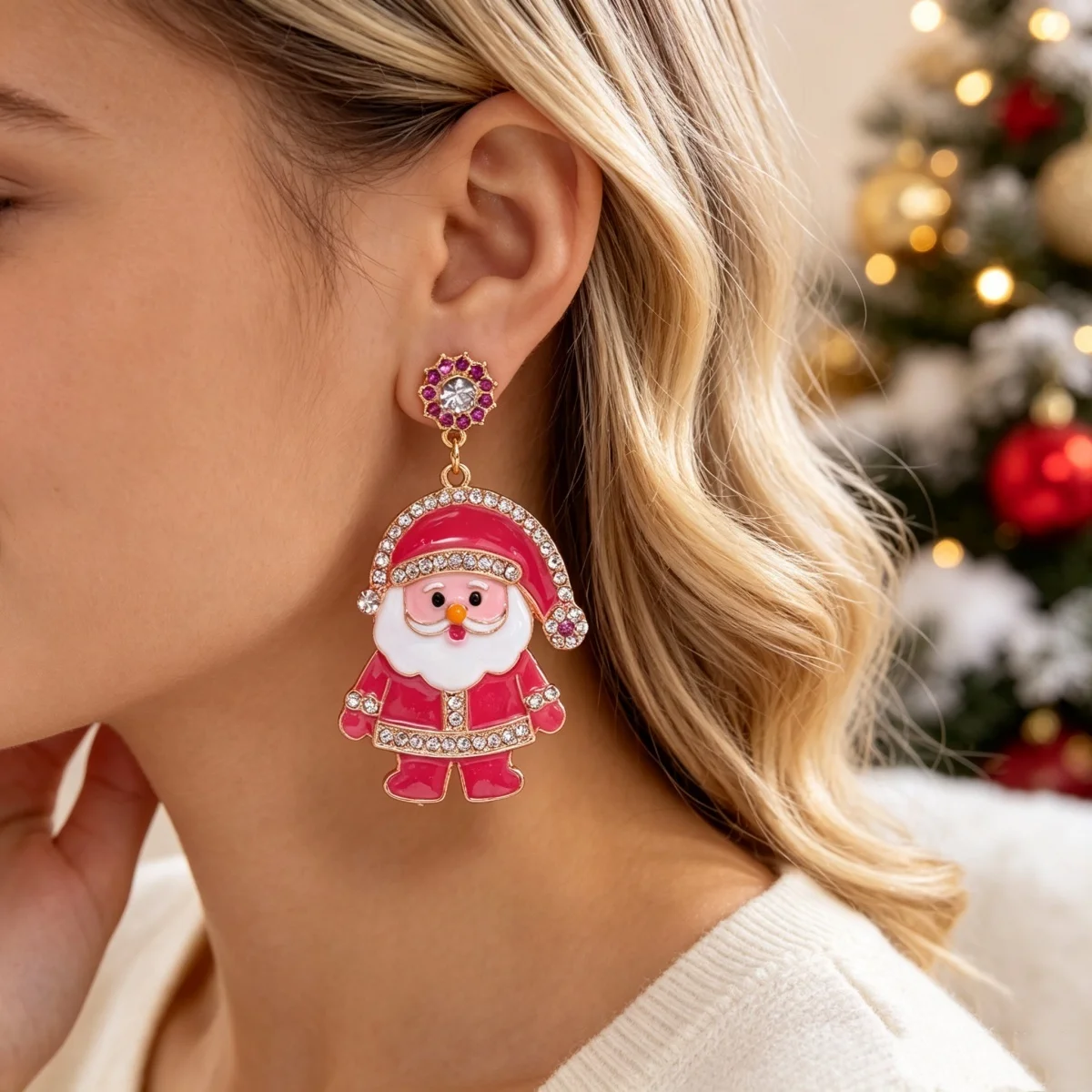 Strass-Ohrringe mit rosa Emaille-Weihnachtsmann-Anhänger für Damen, Weihnachtsschneemann, Lebkuchenmann, Krücke, Schneeflocken-Ohrringe, Schmuck – Detail 6