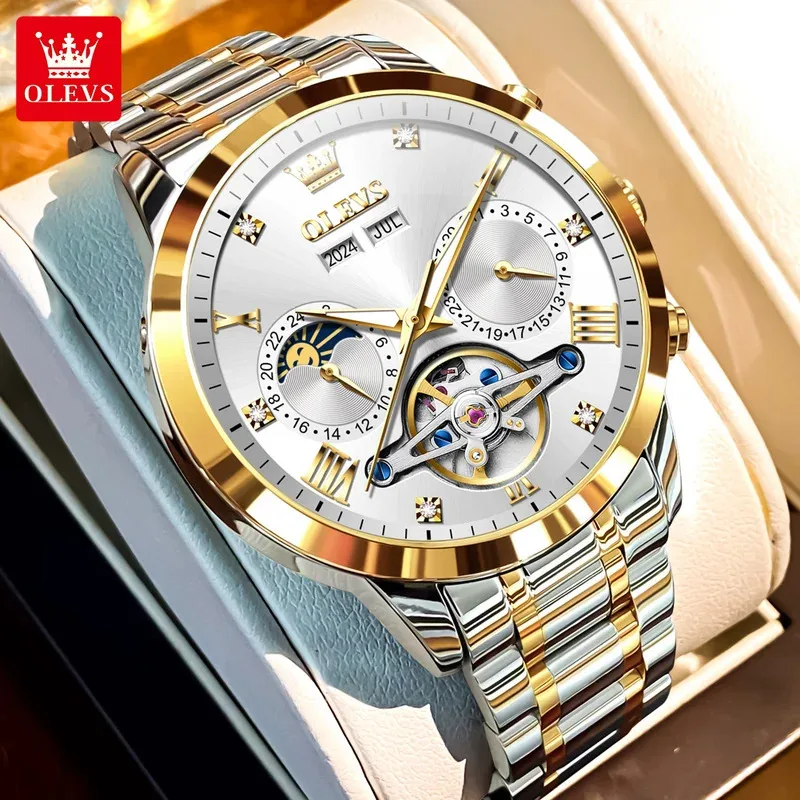 OLEVS Men's Watches Moon Phase Hollow Flywheel Exclusive Automatic Mechanical Watches Men Luxury Man Watch New 7029