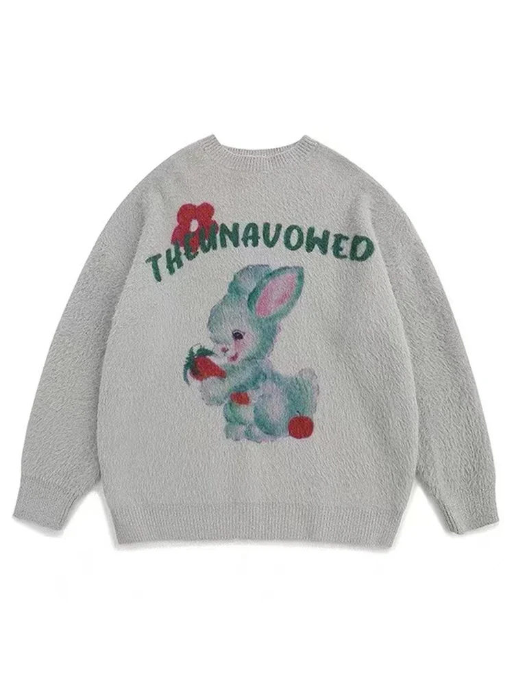 2024 Korean Women Sweater Streetwear Autumn Cotton Casual Cartoon Rabbit Sweater Furry Bunny Knitted Sweater Harajuku Pullover