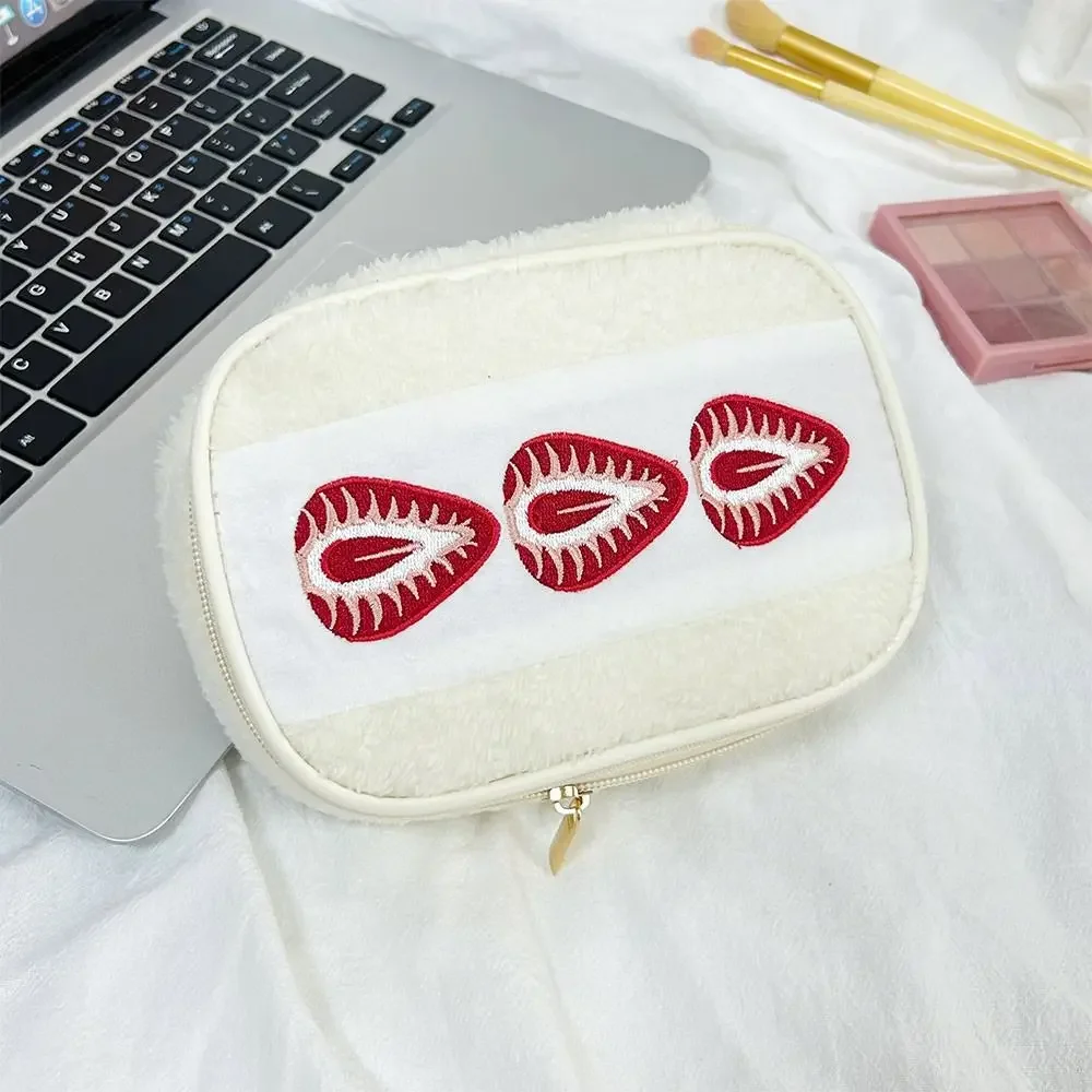 Portable Fuzzy Pen Bag Strawberry Sandwich Multi-functional Makeup Bag Cute Embroidered Pencil Case School Office