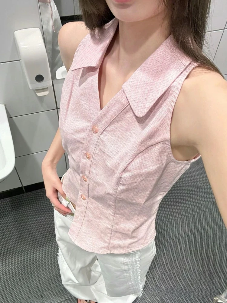 

ADAgirl Vintage Women Sleeveless Halter Polo Shirts Summer Y2k Pink Button Up Blouse Female Casual Slim Office Lady Clothes Chic