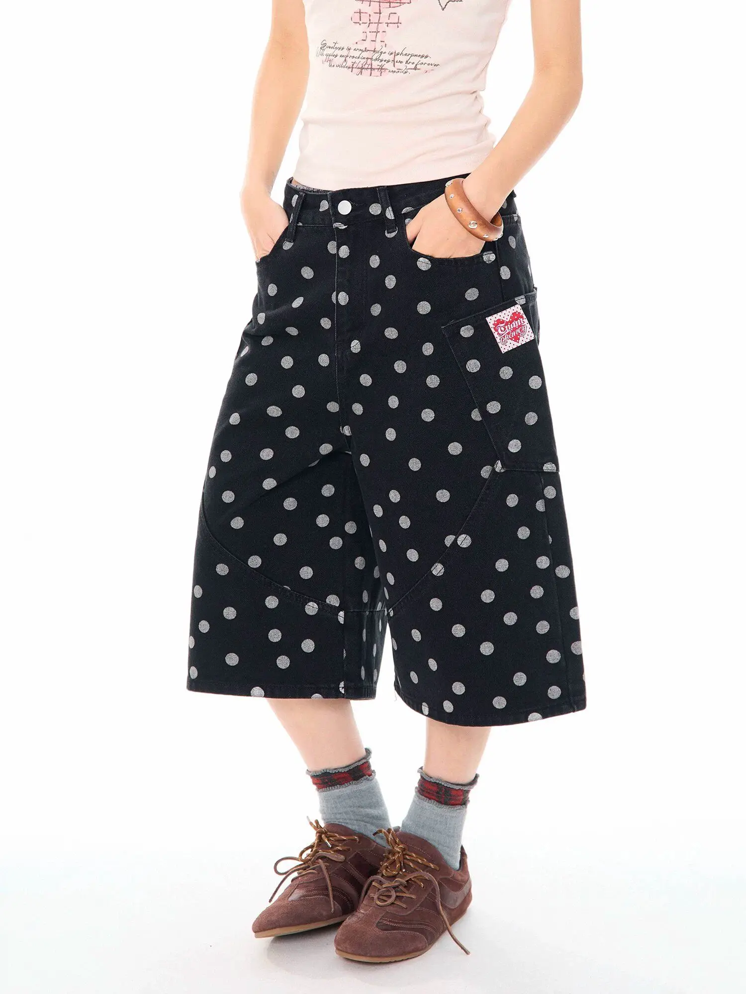 

American Retro Polka Dot Print Denim Seven-Foot Pants Women Summer Casual Loose Slimming Wide Leg Pants Casual Shorts