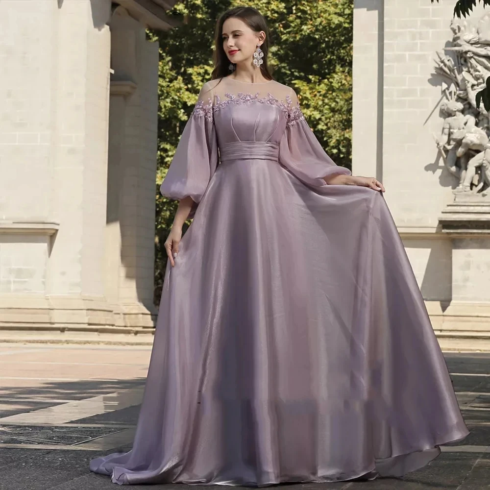 

Elegant Purple Chiffon O Neck Long Evening Dress With Puffy Sleeves A Line Lace Soft Prom Party Gown Custom For Women Made