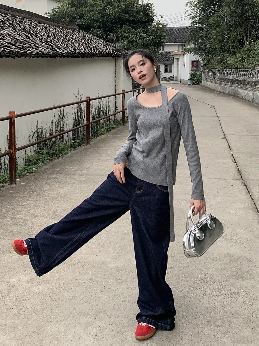 

Классические ретро оригинальные цветные темно-синие широкие джинсы женские свободные прямые брюки длиной до пола длинные брюки с высокой талией