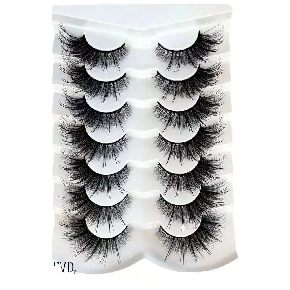 7 ペアキャットアイ 3D ミンクまつげカール翼付きナチュラルリアルな乱雑なエンドアイ細長い厚いつけまつげソフト偽まつげ