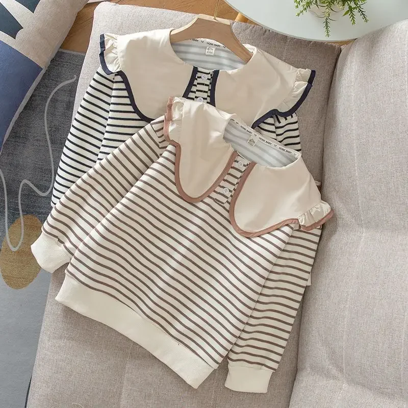 Girls T-shirt Long Sleeve Spring and Autumn Hoodie 2023 New Girls Fashion Style Striped Doll Collar Top Childrens Clothing Top