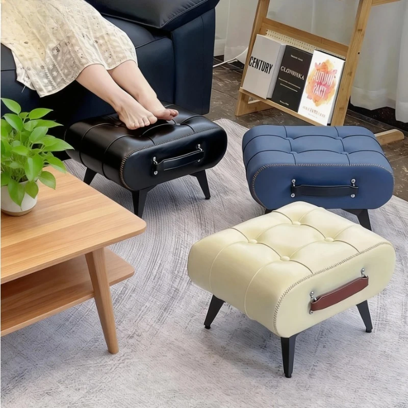 Premium Oil Wax Leather Footstool -Versatile Low Stool for Living Room,Bedroom & Entryway,Stylish Sofa End & Shoe Changing Stool