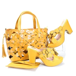 Doershow New Arrival African Wedding Shoes and Bag Set yellow Italian Shoes with Matching Bags Nigerian Women party HRT1-46