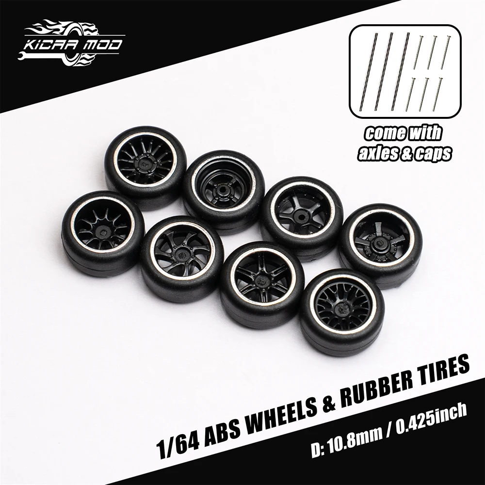 1/64 Model Car Black Silver Circle Wheels with Fixed Rubber Tires Comes with Rivets for Diecast Model Refitting Parts 4pcs 1set