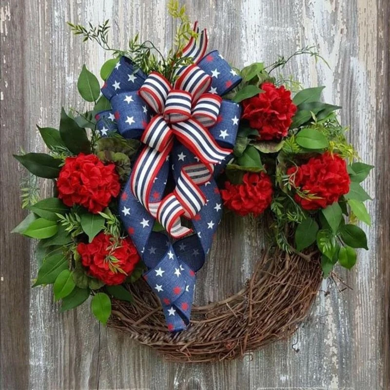 Independence Day Wreath Artificial Blue White Red Star Bowknot Hanging Garland for 4th of July Memorial Day Door Decoration 15UB