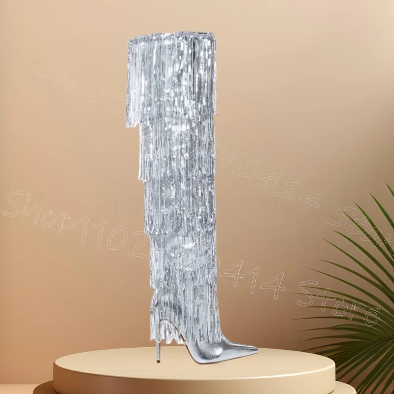 

Silver Sequins Tassels Pointed Toe Boots Slip On Women Shoes Thin High Heels Fashion Party Feast Dating 2025 Zapatos Para Mujere