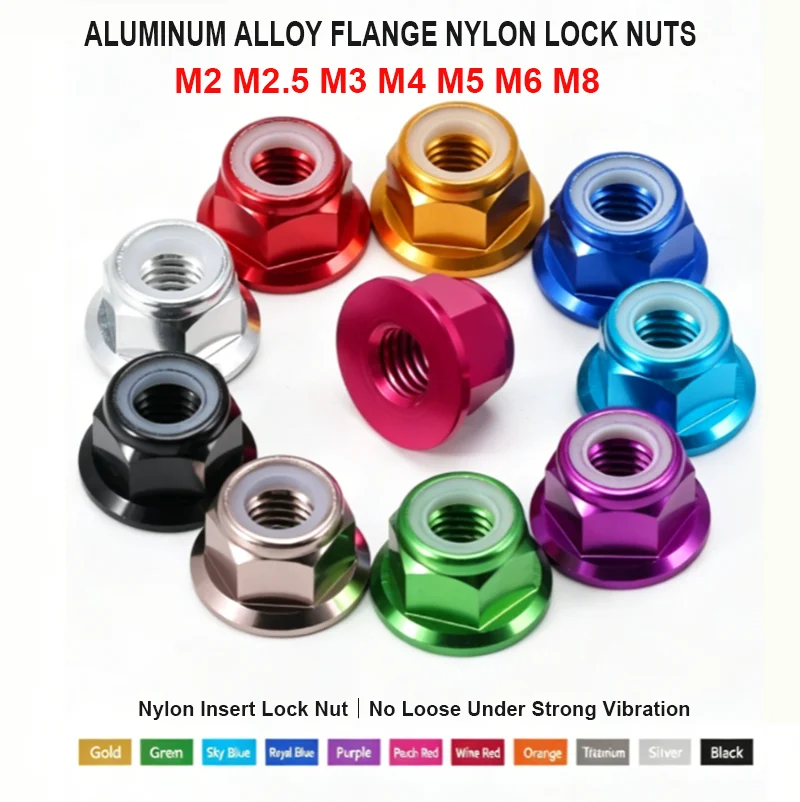 Anodized Aluminum Flange Nylon Insert Self Lock Nut M2~M8 Fastener For RC FPV Racing Drone Motorcycle Scooter Frame Modification