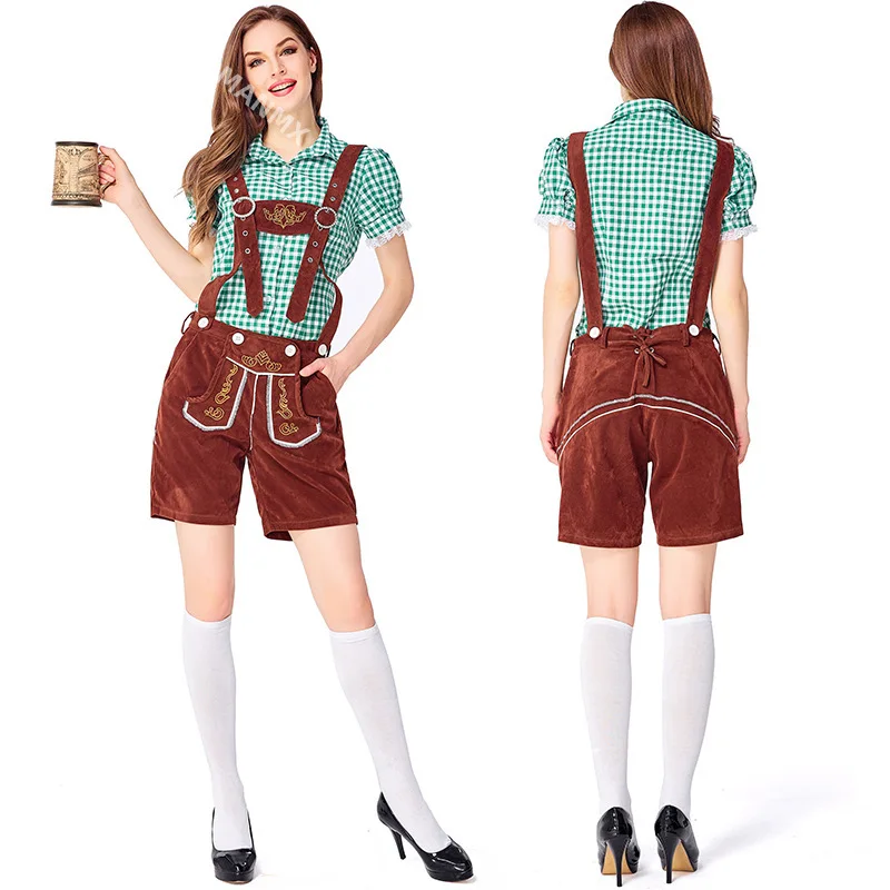 3-Piece Set Oktoberfest Lederhosen Costume for Women Bavarian German Beer Festivals Suspenders Shirt Hat Women Cosplay Costumes