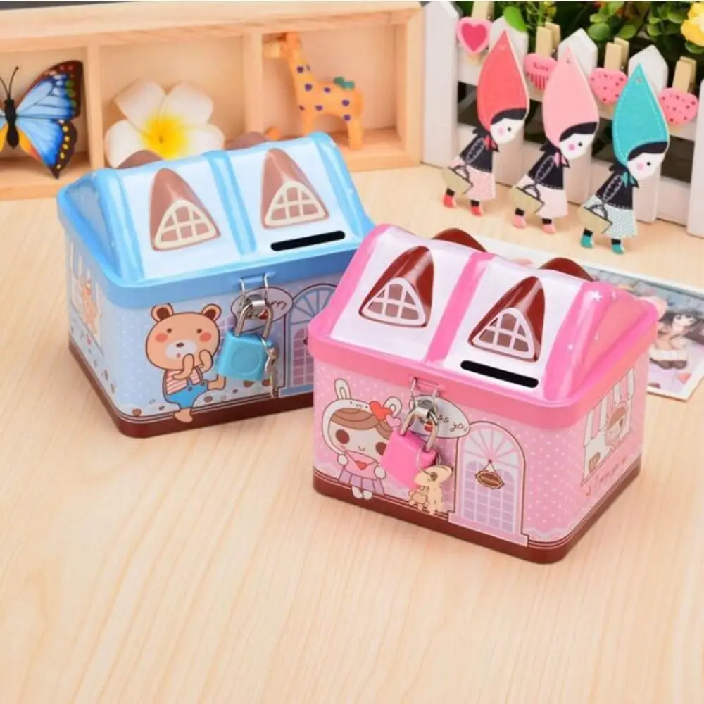 

Money Box Metal House Shape Piggy Bank with Key Lock Cute House Coin Box Creative Coin Safe Storage Box Home