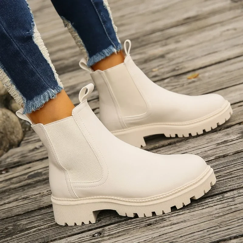 Chelsea Boots Women 2023 New Winter Fashion Round Toed Warm Ankle Boots Women PU Leather Platform Shoes for Women Zapatos