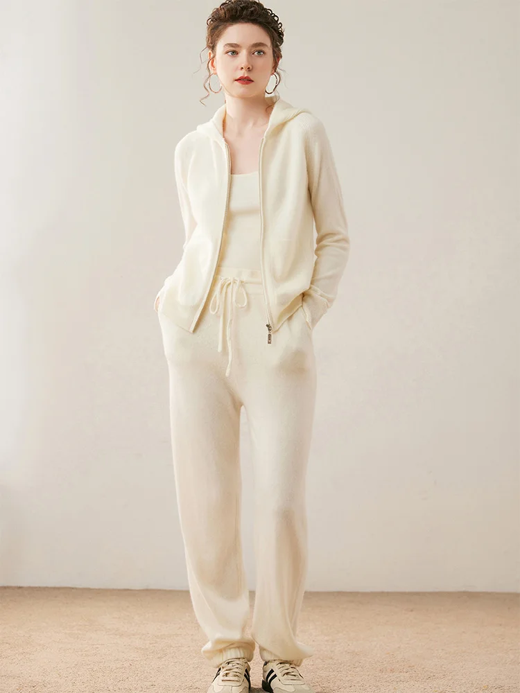 

Women's 100% Cashmere Hooded Zipper Cardigan Cashmere Pants Suit Smart Casual Cashmere Knitwear Autumn Winter High Quality Tops
