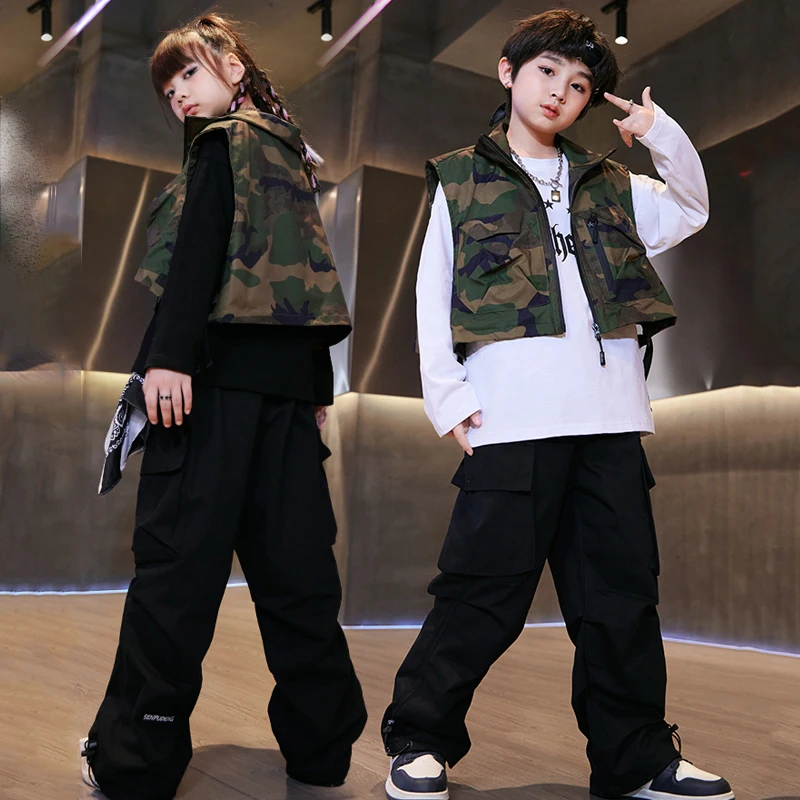 

New Jazz Dance Costumes For Girls Camouflage Vest Cargo Pants Suit Boys Ballroom Hip Hop Dance Performance Clothing DQS14401