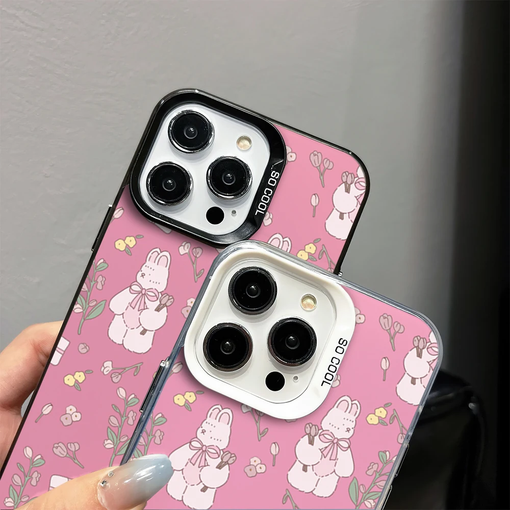 Full-blown Flowers Bunny Cute Pink Fashion Phone Case for iPhone 16 12 13 14 15 11 Max Pro Plus Laser IMD Color Shell image 4