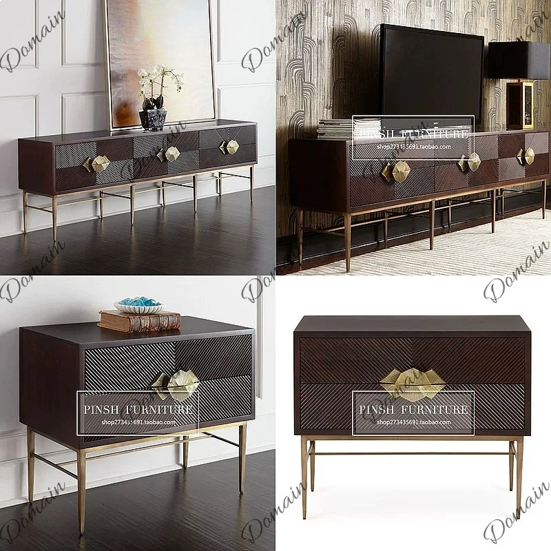 American neoclassical TV cabinet Small apartment foyer porch cabinet Side cabinet Stainless steel storage bedside table