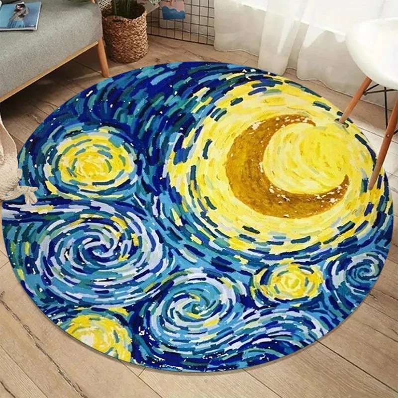 Luminous Full Moon Starry Sky Round Rug Artistic Oil Painting Anti-slip Soft Carpet for Cozy Bedroom Home Office Decor