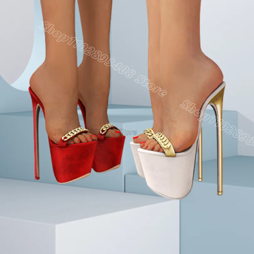 

Red Platform Chain Decor Slippers Slip on British Style Spring Stylish Women Party Dress Stiletto Slippers Zapatos Para Mujere