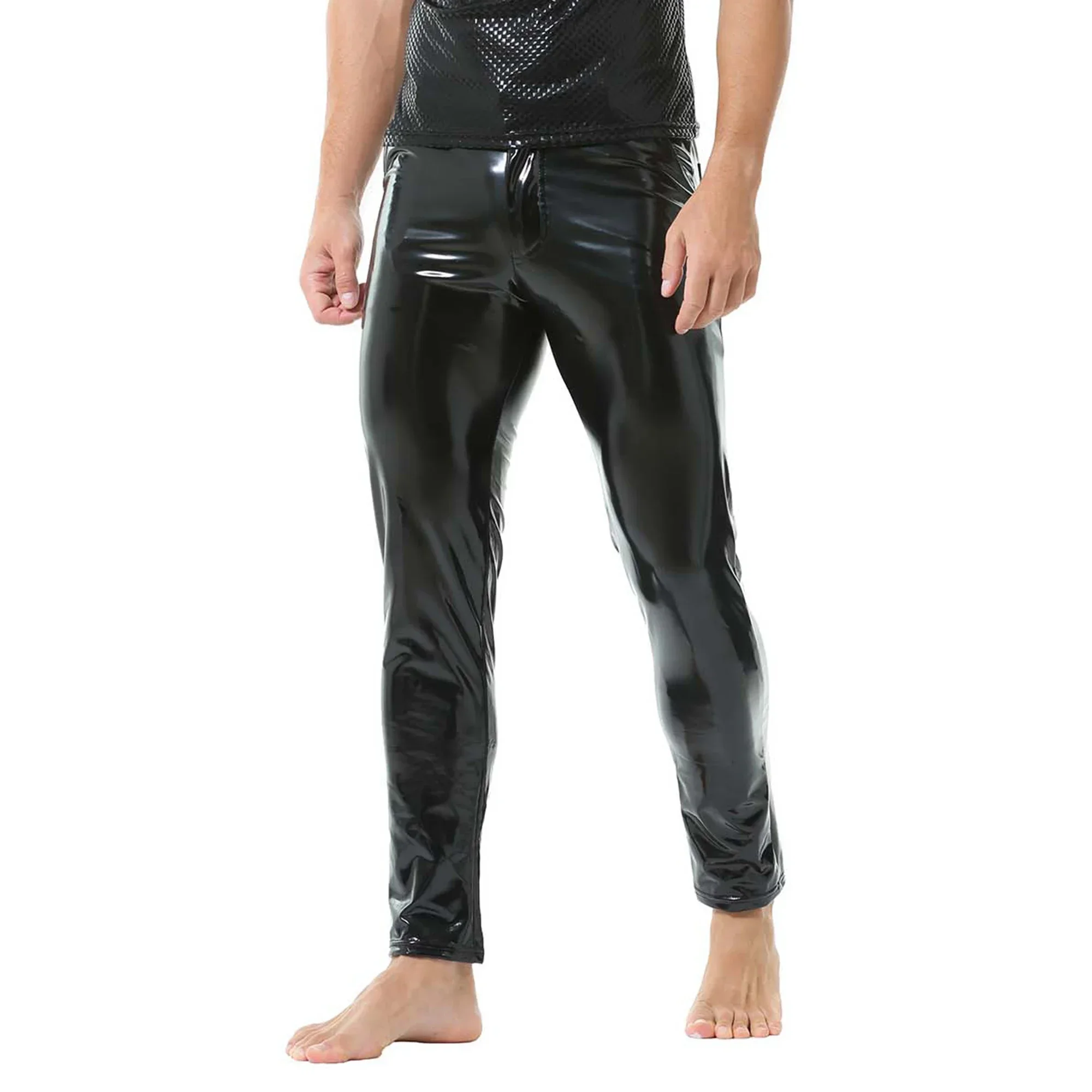 Fashion Men Skinny PVC Leather Solid Color Pants Shiny Wet Look Trousers Nightclub Wear Stage Singers Dancer Performance Costume