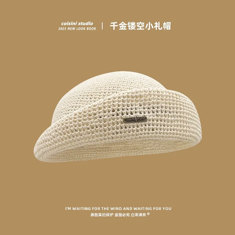 High Quality Retro Japanese Linen Hollow Crochet Woven Berets for Women Summer Autumn Travel Versatile Elegant Women's Hats