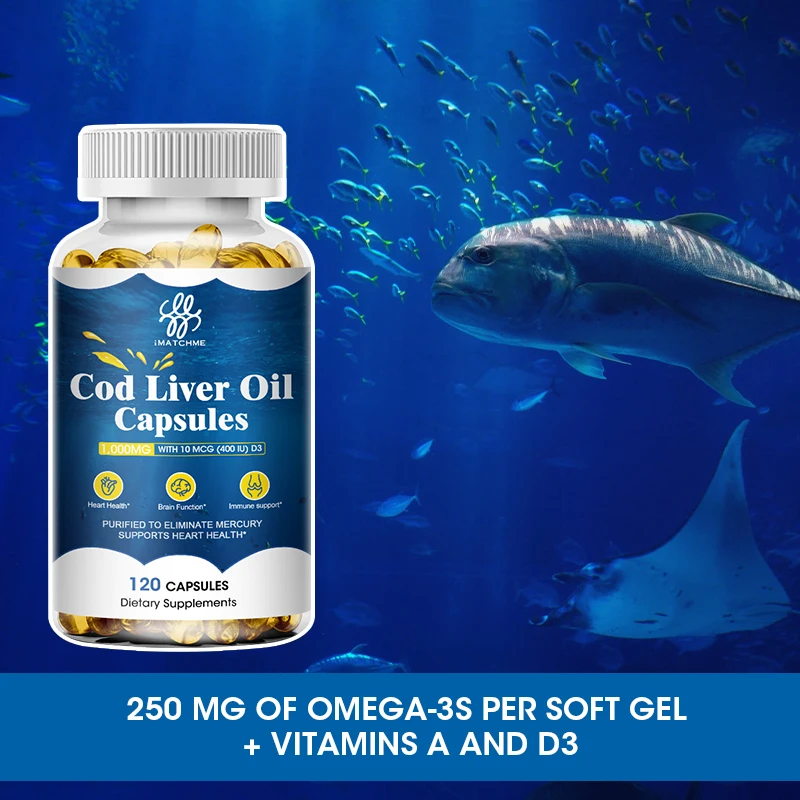 Cod Liver Oil Capsules Fish Oil Omega 3+ Vitamins A & D3 Stress Relief Strengthen Brain, Bone , Improve Memory and Intelligence