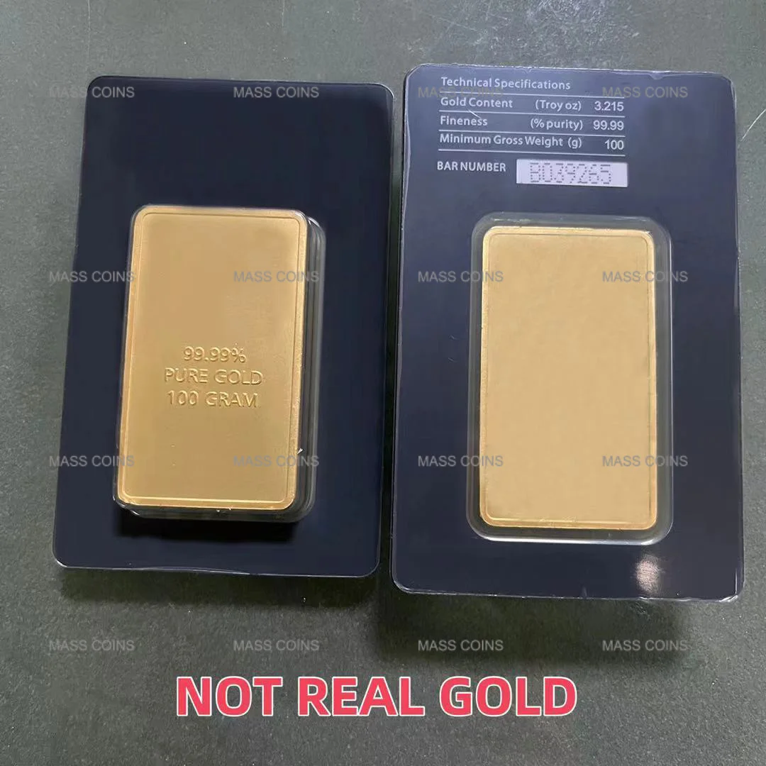 

100g Copper Copy 24k Gold Plated Bar Bullion Ingot (Sealed Packaging) Non-magnetic DIFFERENT serial number Gold Store Dispay