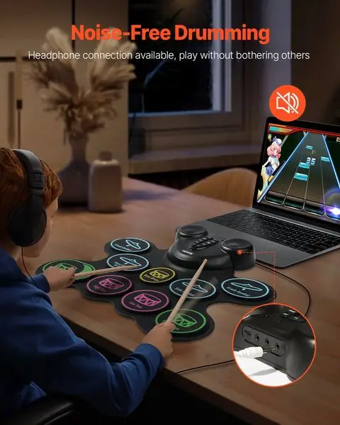 Batterie électrique 9 pads avec pédales, haut-parleurs intégrés pour enfants