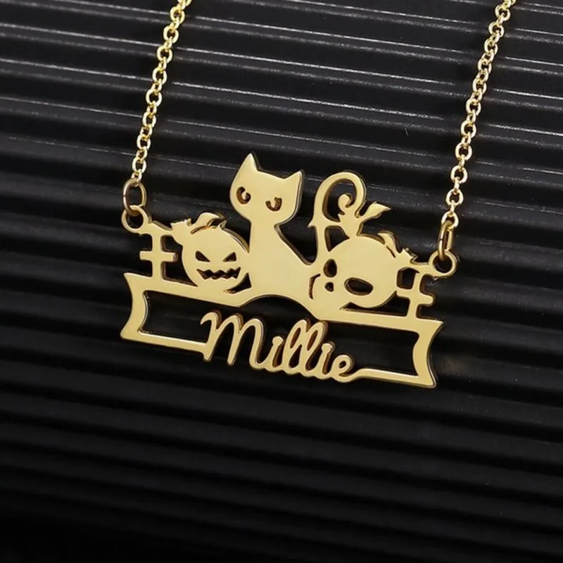 

Halloween Gold Plated Personalized Custom Cat Pumpkins Name Necklace Gifts For Kids Stainless Steel Custom Name Pendant