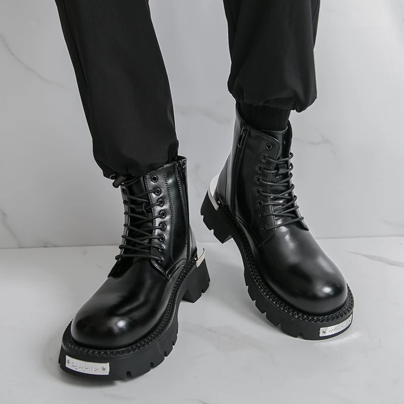 

Lace Up Thick Soled Men Workwear Boots PU Round Toe Solid Color Fashionable Men Boots