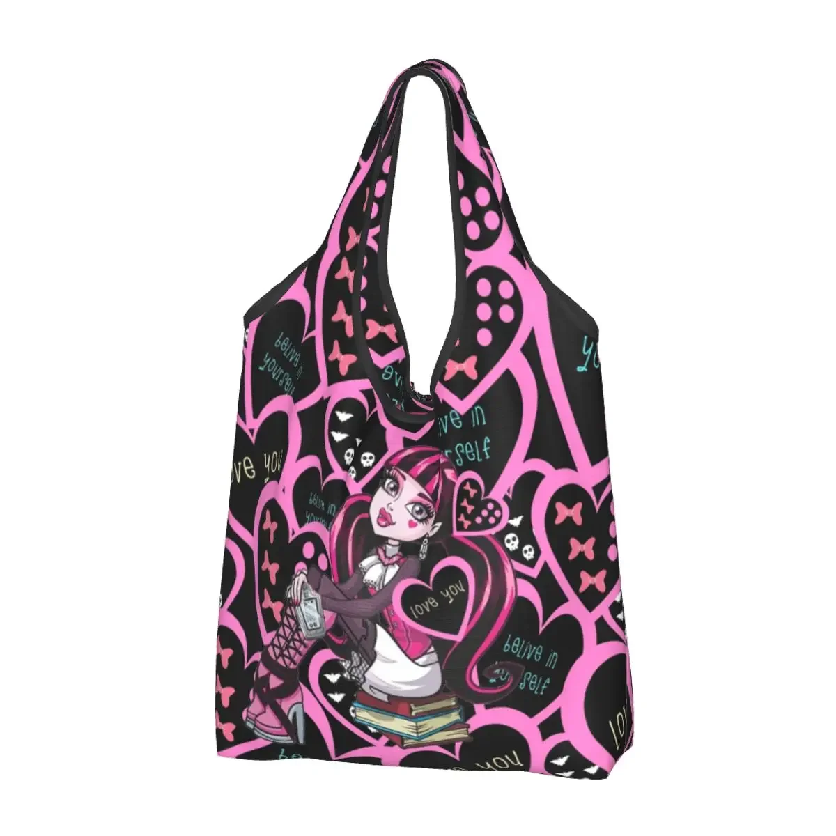 Large Reusable Draculaura Heart Grocery Bags Recycle Foldable High Cartoon Shopping Tote Bag Washable Lightweight