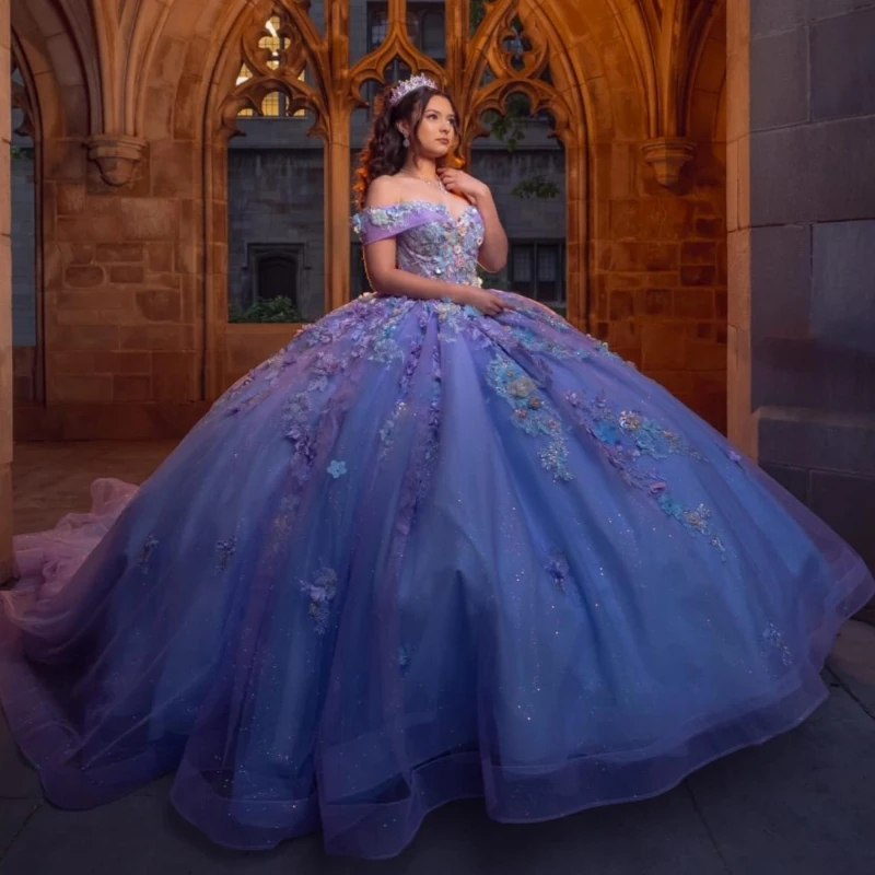 

Blue Shiny Quinceanera Dresses Ball Gown Off The Shoulder Applique Flower Beading Crystal Tull Corset Party Birthday Sweet 16
